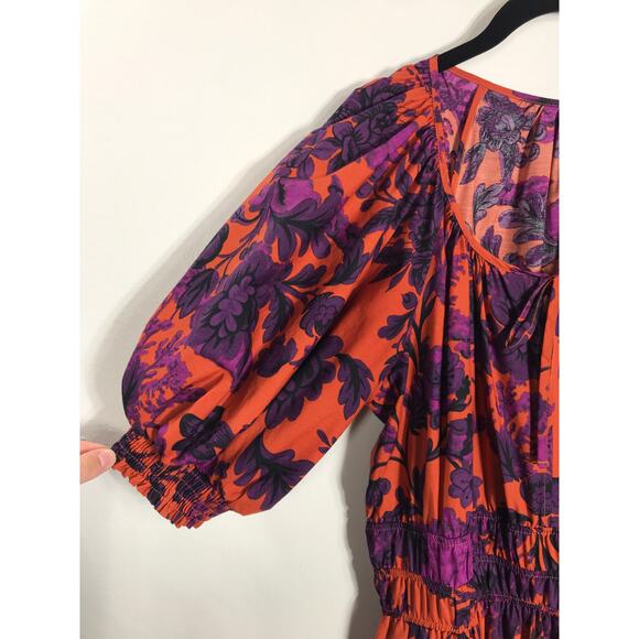 Anthropologie Women's M Somerset Puff Sleeve Maxi Orange Purple Floral Dress - Picture 4 of 15